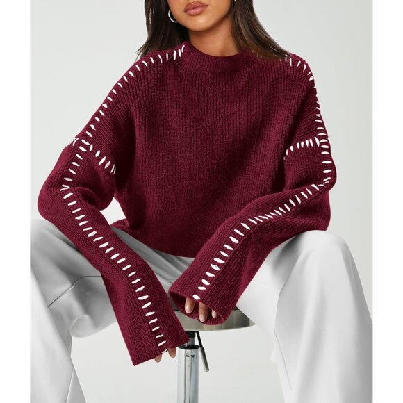 Prettygarden Women's Red Fall Long Sleeve Mock Neck Oversized Chunky Sweaters - Picture 3 of 7